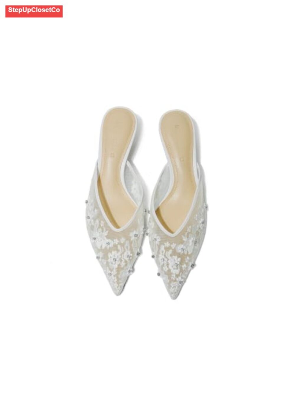 Women's Kitten Heel Mules, Lace Mesh Closed Toe Pumps